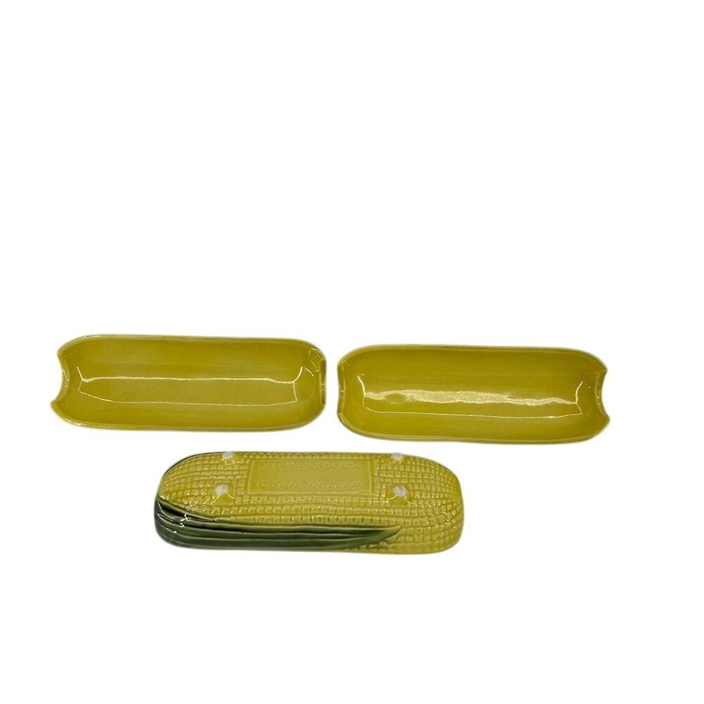 Vintage Yellow Ceramic Corn Roller Holder Set of 3 Patented